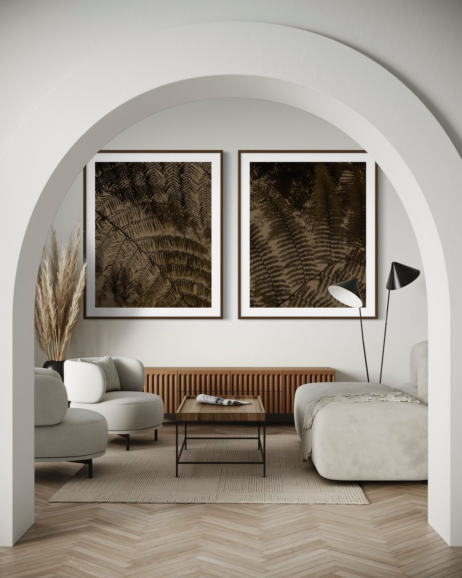 Modern sophisticated living room with large framed earthy abstract artworks of close-up of ferns by Francoise V Fine Art Gallery in Cape Town, South Africa.