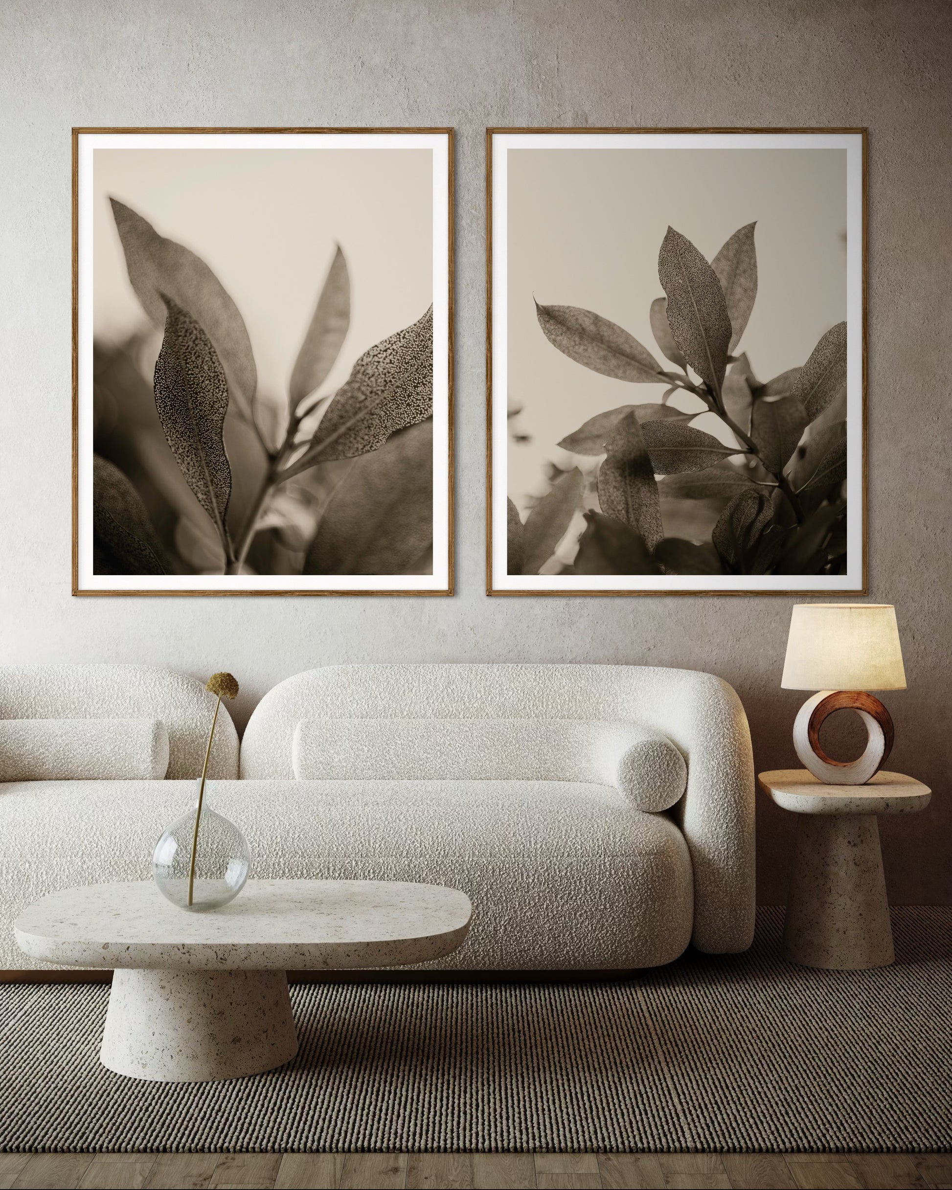 Modern living room featuring framed artworks of close-up of leaves with detailed texture on a light background by Francoise V Fine Art Gallery in Cape Town, South Africa.